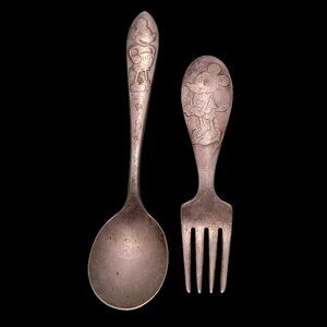 Vintage Pre-1939 Disney Silver-plated Mickey Mouse Spoon and Minnie Mouse Fork